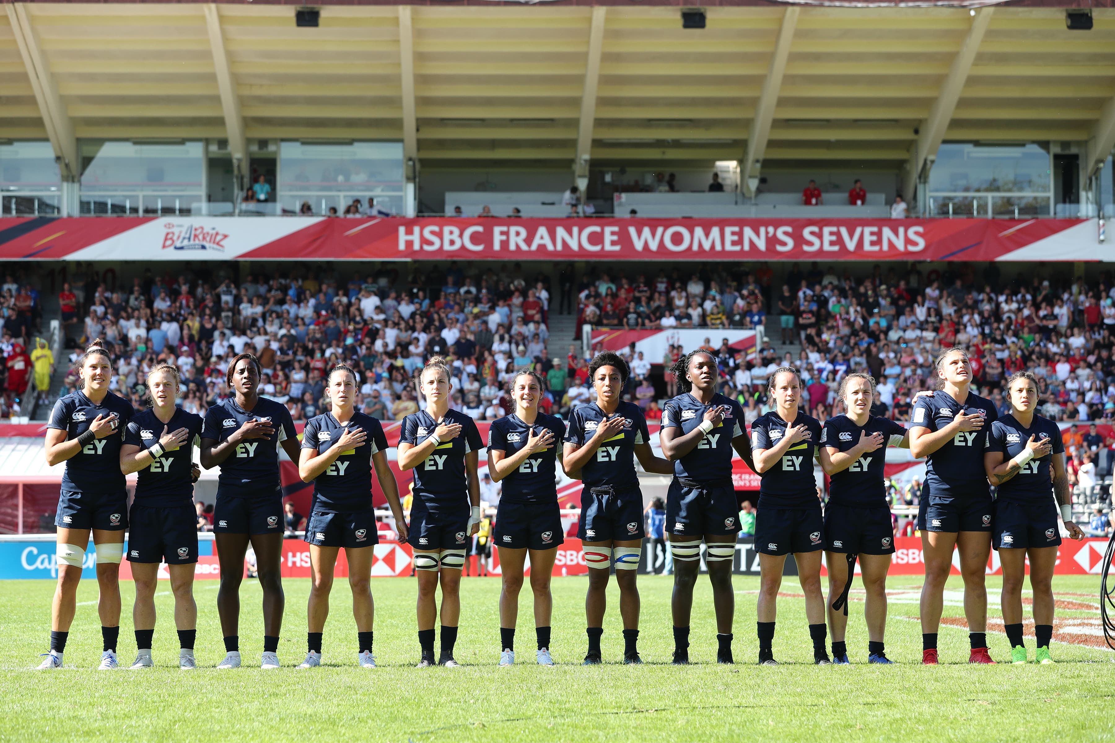 USA sing the national anthem before the Cup Final game against New Zealand on day two of the HSBC World Rugby Women's Sevens Series at Stade Aguilera in Biarritz on 16 June, 2019. Photo credit: Mike Lee - KLC fotos for World Rugby